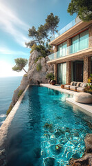 Fototapeta premium Schwimmbad, Blick auf das blaue Meer