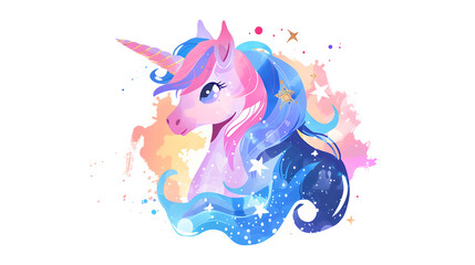 Cute fairy unicorn watercolor drawing isolated on white background