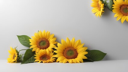bouquet of sunflowers, flower frame on grey background, Greeting floral card template with copy space, Summer Background, Birthday, Valentine’s Day, Flat lay, top view, space for text
