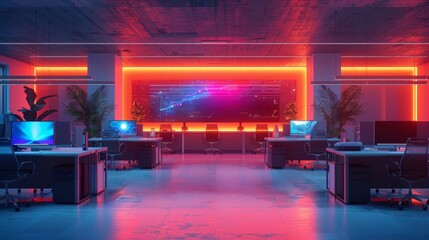 A neon colored office with a large monitor on the wall