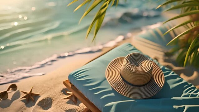 This hat placed on a beach chair under the sun. Hat Resting on Beach Chair