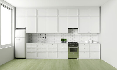 white home kitchen interior with cabinet and kitchenware, hardwood floor. Cozy cooking space in modern apartment with minimalist furniture. 3D rendering