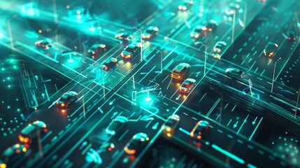 Obraz premium A computer generated image of a busy street with many cars and traffic lights