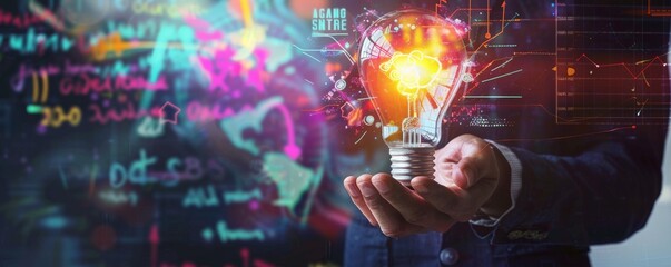 The image shows a person holding a light bulb with a glowing brain-shaped filament inside