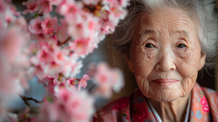 Fototapeta premium An elderly Asian woman, wearing traditional attire, smiles gently as she is surrounded by blooming cherry blossoms. Her serene expression and the vibrant flowers create a peaceful and timeless scene
