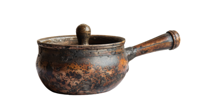 Weathered metal pot with a sturdy wooden handle, showing signs of age and use
