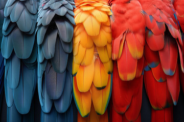 Obraz premium A colorful array of parrot feathers, each with vibrant hues and soft textures, arranged in a fan-like display.