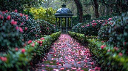 A serene garden path winding through perfectly manicured hedges and green shrubs, leading to a peaceful gazebo in the distance - Powered by Adobe