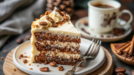 Gourmet Carrot Cake Slice with Cream Cheese Frosting and Coffee