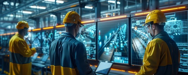 Fototapeta premium Engineers in a futuristic factory setting with holographic displays of assembly lines, neon accents, 3D rendering, detailed