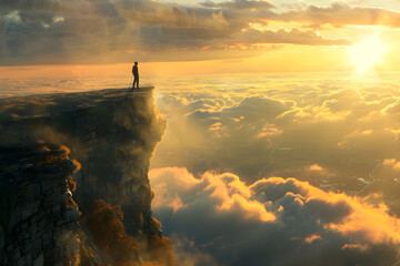Courageous Hiker Stands Fearlessly on the Cliff Edge Amid a Majestic Sunset, Embracing Nature's Wild Beauty