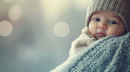 An infant in a knitted cap and blanket looks out with big eyes, outdoors in cool weather