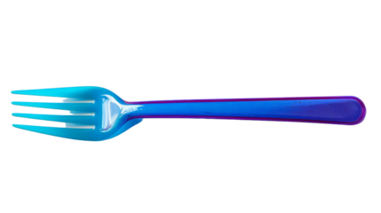 A plastic fork with a blue handle, placed on a clean white background