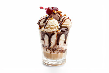 An ice cream sundae with scoops of vanilla and chocolate ice cream, topped with chocolate syrup, nuts, and cherries, served in a glass, on white background.