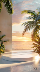 Empty white round podium at sunset with tropical beach background