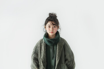 A Japanese girl with dark hair and a serious expression, wearing a green, chunky knit sweater, standing against a plain background.