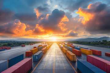 The photo shows a large number of cargo containers in a shipping yard with the sun rising in the background.
