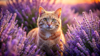 red cat sitting in lavender field at golden hour