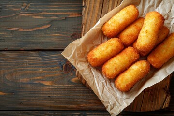  french cheese crispy potato croquettes on a baking paper over a wooden table