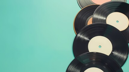 Vintage vinyl records against a vibrant teal backdrop, resonating with retro charm.