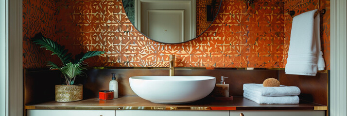 A bathroom featuring bold wall tiles, dual sinks, and wooden vanity, combining functionality and style for a contemporary look.