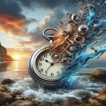 An artistic concept of a mechanical clock exploding into gears and cogs on a rocky seashore at sunset, symbolizing fleeting time.. AI Generation