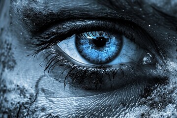 Close up of a monochrome eye with a striking blue iris, captured in high detail, surrounded by textured skin, conveying intensity and depth, illuminated by soft, diffused light