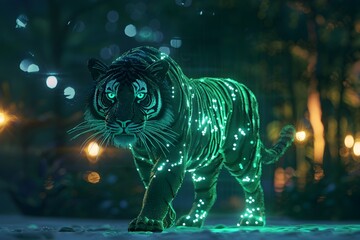 A tiger is walking through a forest with glowing green stripes. The image has a dreamy, ethereal quality to it, as if the tiger is walking through a magical, otherworldly realm