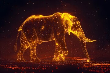 A glowing elephant is walking through a field of fire. Concept of danger and destruction, as the elephant's body is illuminated by the flames. The scene is both beautiful and terrifying