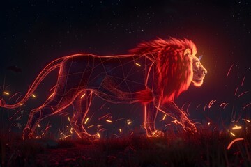 A lion is walking through a field of fire. The fire is red and orange, and it is glowing in the dark