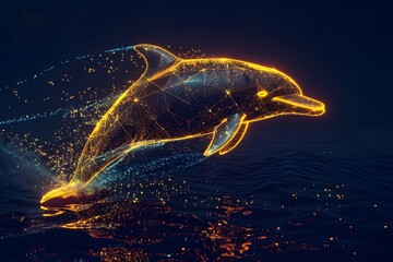 A dolphin is flying through the water with a glowing tail. The image has a dreamy, ethereal quality to it, as if the dolphin is defying the laws of physics
