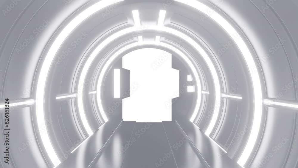 Wall mural opening gate or door in white futuristic tunnel spaceship or science laboratory corridor . sci-fi co