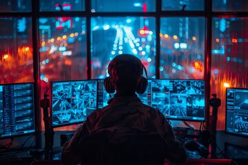 Obraz premium In a darkened control room, an individual monitors an array of screens displaying various camera feeds