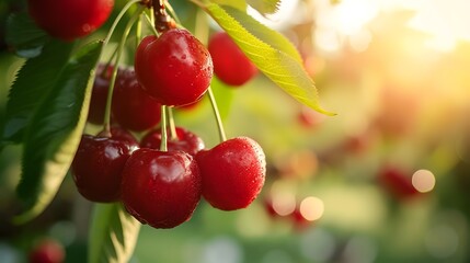 Ripe Red Cherries Hanging from a Branch
