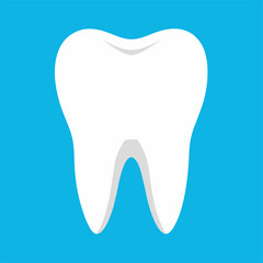 A white tooth lies on a blue background surrounded by keywords
