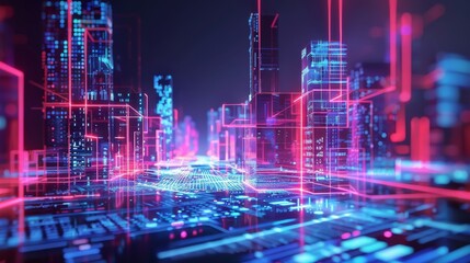 virtual augmented reality environment with neon light elements forming the digital landscape