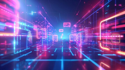 Fototapeta premium virtual augmented reality environment with neon light elements forming the digital landscape