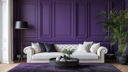 3D rendering of a living room interior with white sofa and purple wall