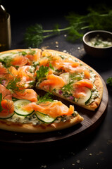 A delicious gourmet pizza topped with smoked salmon, cucumber slices, cream cheese and fresh herbs on a wooden board, perfect for food lovers.