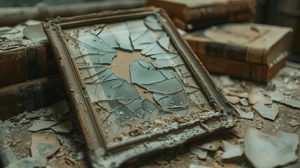 A shattered mirror lies on a dusty table surrounded by old books, symbolizing neglect and the passage of time in an abandoned space.