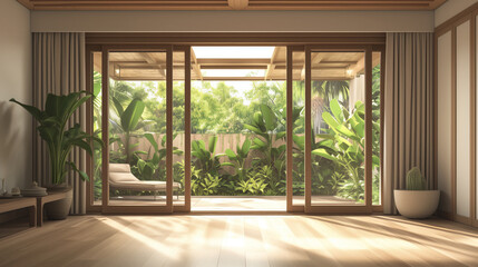 Fototapeta premium large open living room with a view of a lush green garden