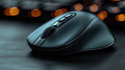 A close up of a computer mouse on a black surface  