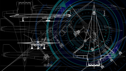 The sketch drafting of jet fighter. Line art background wallpaper.