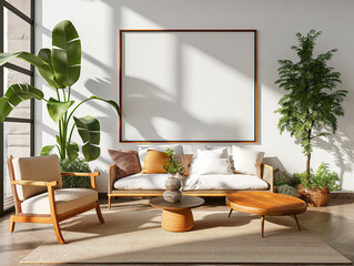 Bright living room interior with white sofa, armchair, coffee table, plants and empty frame mockup on the wall. 3d rendering