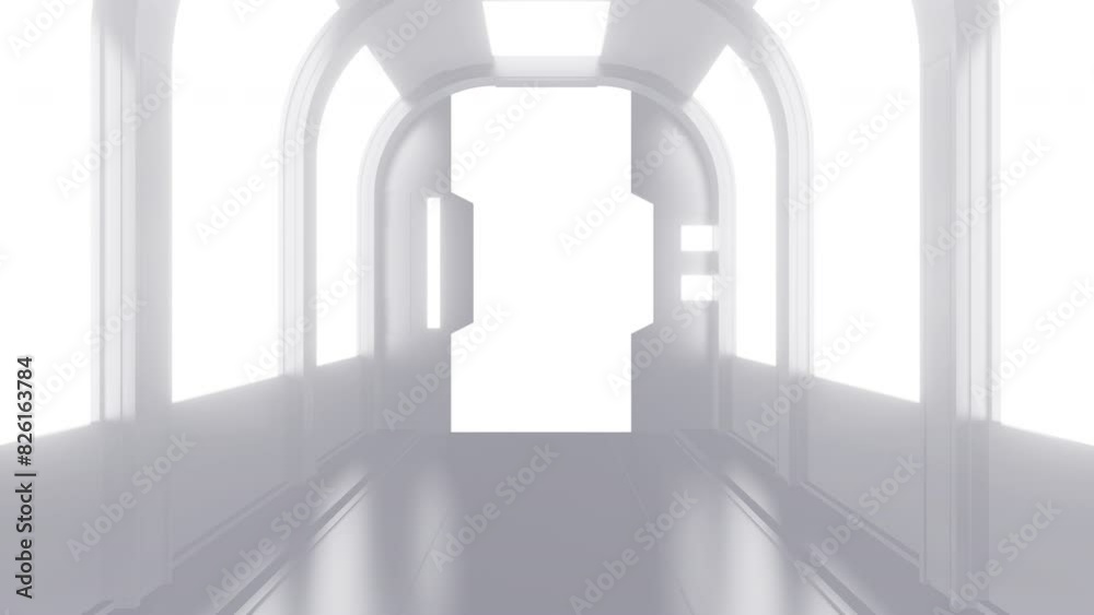 Wall mural opening gate or door in white futuristic tunnel spaceship or science laboratory corridor . sci-fi co