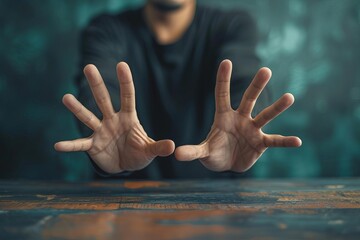 Person extending both hands forward over a rustic table, conveying a sense of reaching out or seeking help in a dark, moody setting.