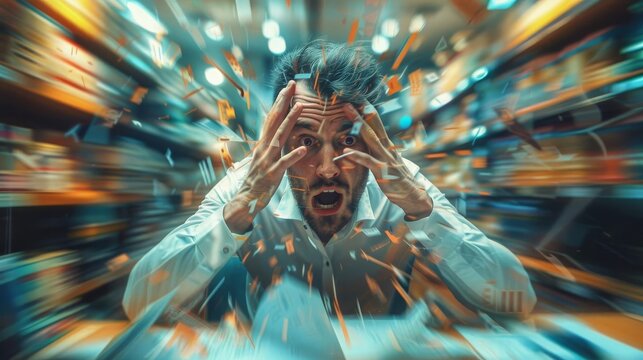 Man stressed in chaotic office environment with motion blur effect, feeling overwhelmed and frustrated at workplace.