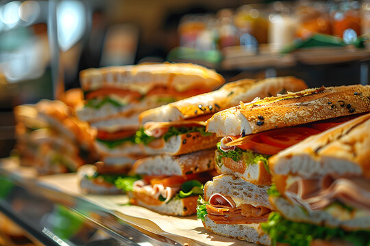 Sandwiches in a deli display.