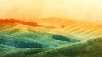 Dreamy landscape with rolling hills in vibrant green and golden hues, bathed in soft sunlight
