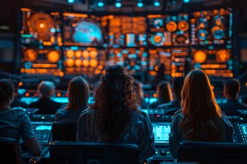 Fototapeta premium A group of spectators is intently observing a large and intricate control panel at a modern event or exhibit
